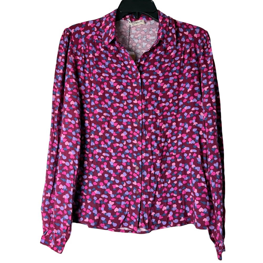 Sugarhill Brighton Queenie Shirt Women US 6 Burgundy Heart Print Viscose Blouse